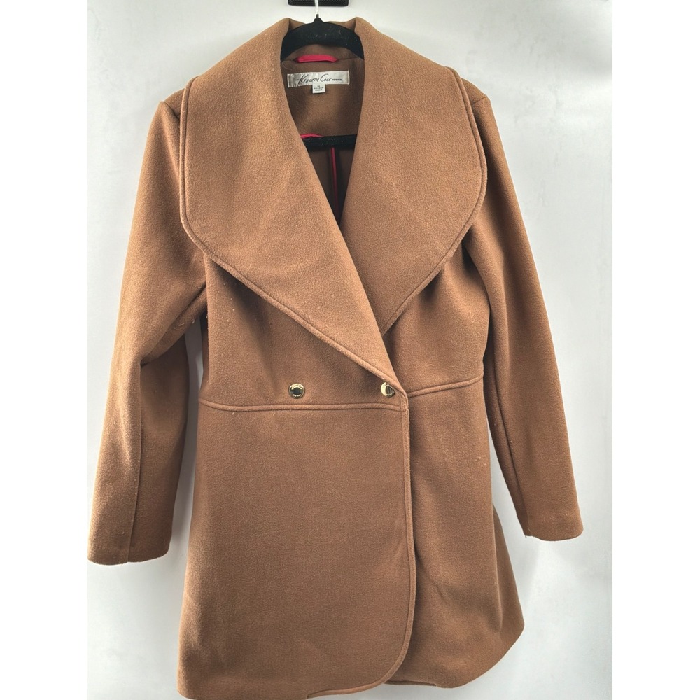 Kenneth Cole New York Camel Brown Wool Blend Shawl Collar Coat Womens Medium